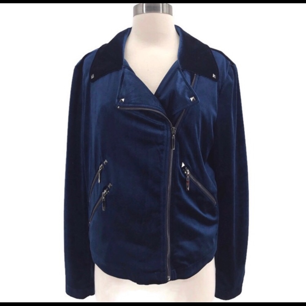 Belle Badgley Mischka Blue Velvet Moto Jacket